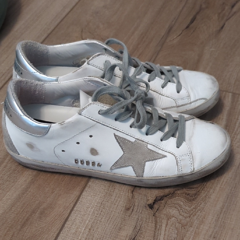 Golden Goose White and Silver Sneakers